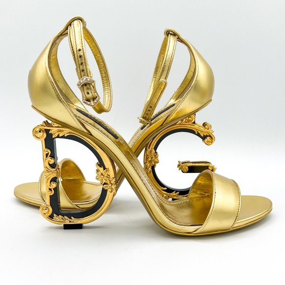 Dolce & Gabbana Shoes - DOLCE & GABBANA Sculpted DG Logo Heel Metallic Leather Sandals